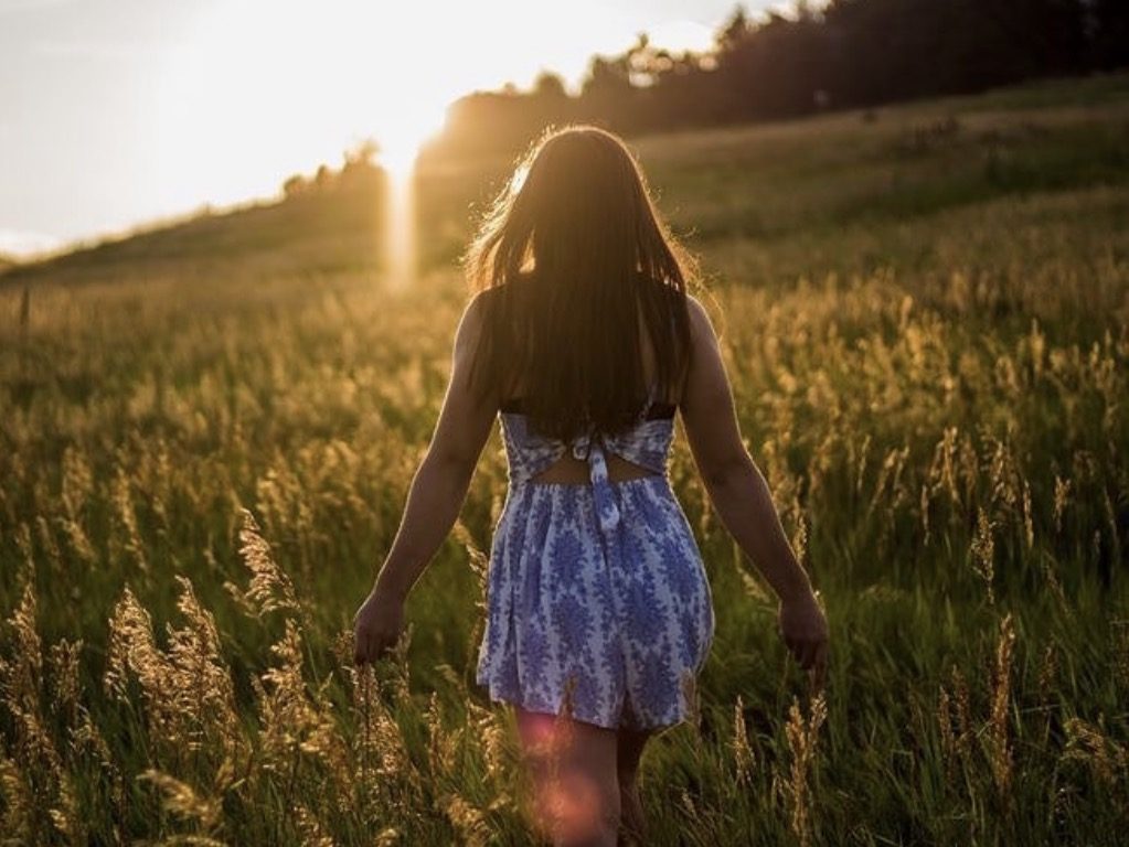 Senior portrait walking through a golden field at sunset