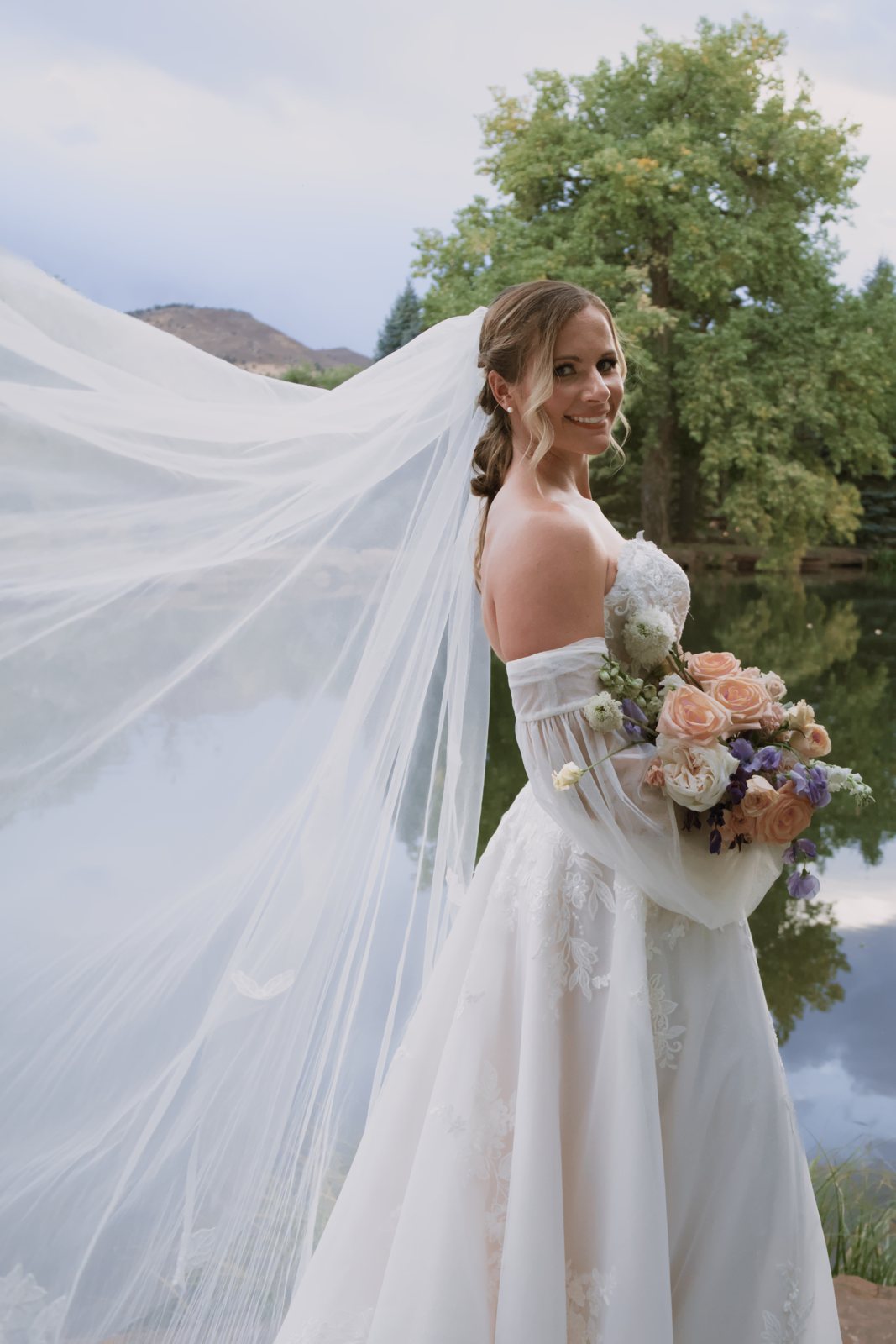 Bride's veil catching the wind